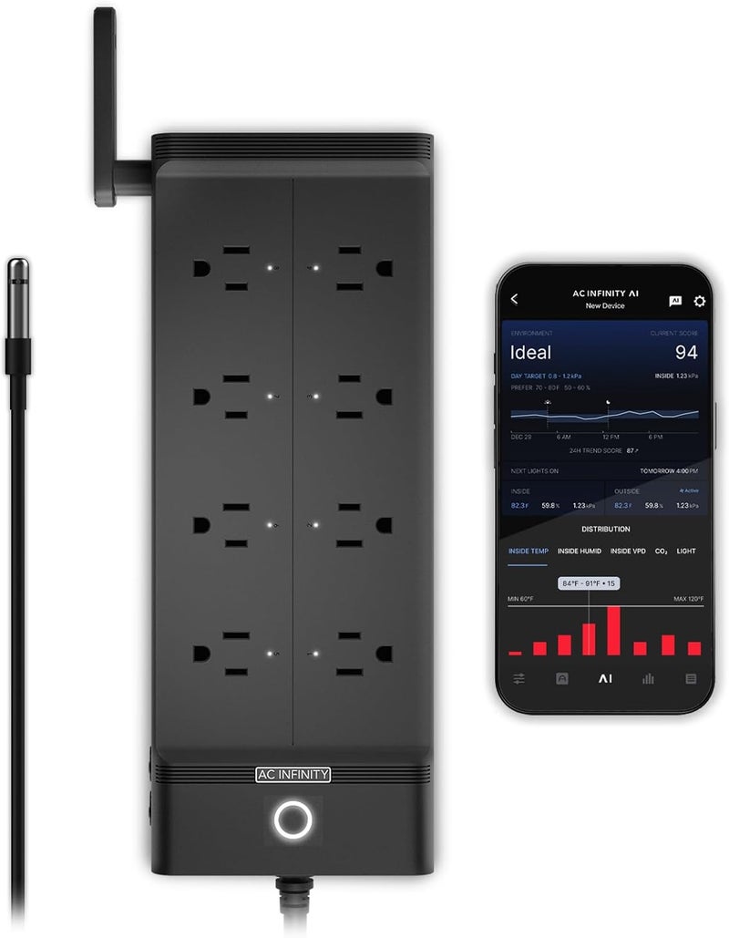 AC Infinity مخرج AI+، جهاز التحكم في البيئة، شريط الطاقة الذكي WiFi، درجة حرارة ورطوبة مزدوجة، تحكم فردي في 8 مقابس، استهداف AI، ترموستات للبيوت الزجاجية، الأكواريوم، التيراريوم، المنزل، 1800 واط - Image 1